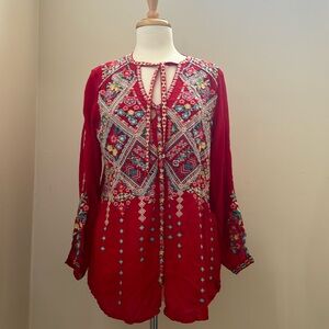 Johnny Was Red Button Front Embroidered Button Front Tunic with Ties at Neck MED